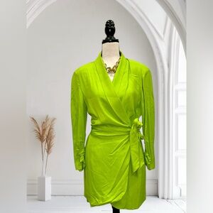Long sleeve wrap dress, lime green colour. Self tie waist.